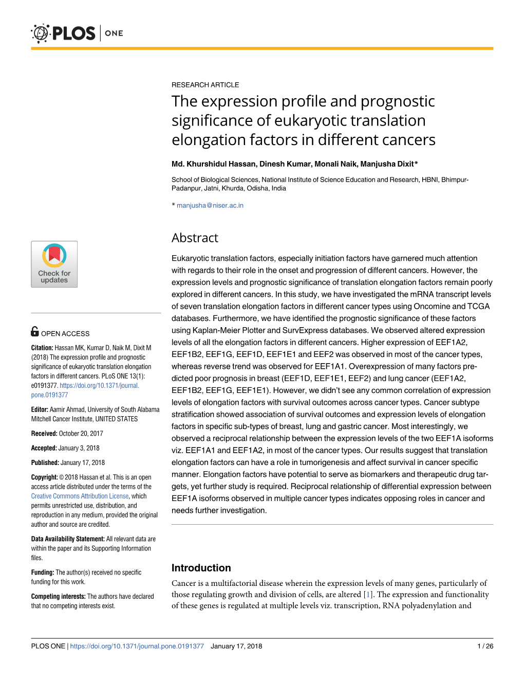 The Expression Profile and Prognostic Significance of Eukaryotic Translation Elongation Factors in Different Cancers