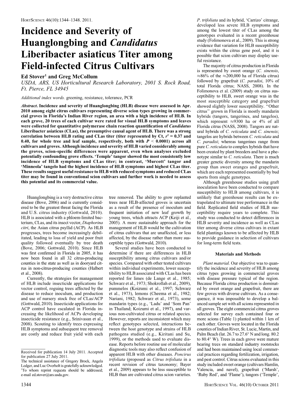 Incidence and Severity of Huanglongbing and Candidatus