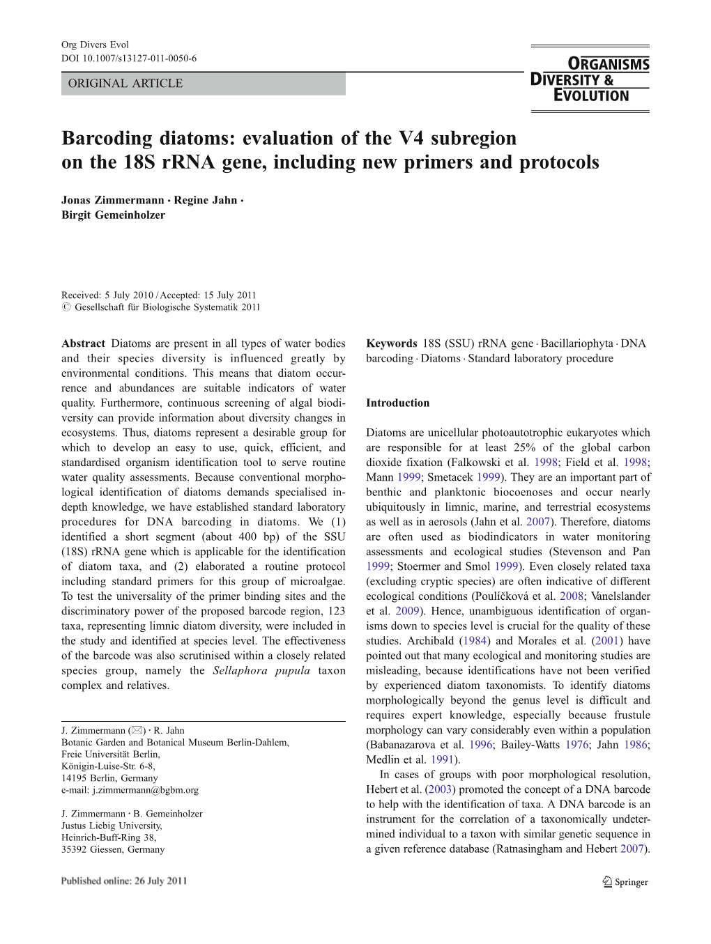 Barcoding Diatoms: Evaluation of the V4 Subregion on the 18S Rrna Gene, Including New Primers and Protocols