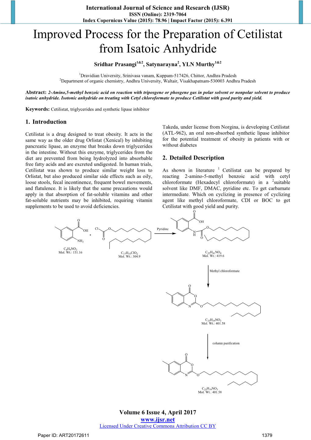 Improved Process for the Preparation of Cetilistat from Isatoic Anhydride