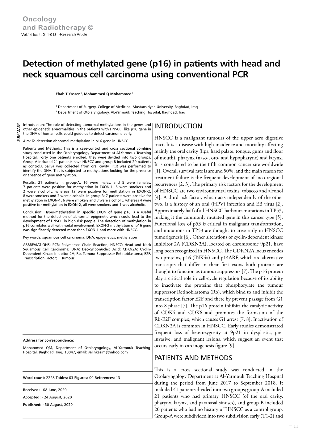 Detection of Methylated Gene (P16) in Patients with Head and Neck Squamous Cell Carcinoma Using Conventional PCR