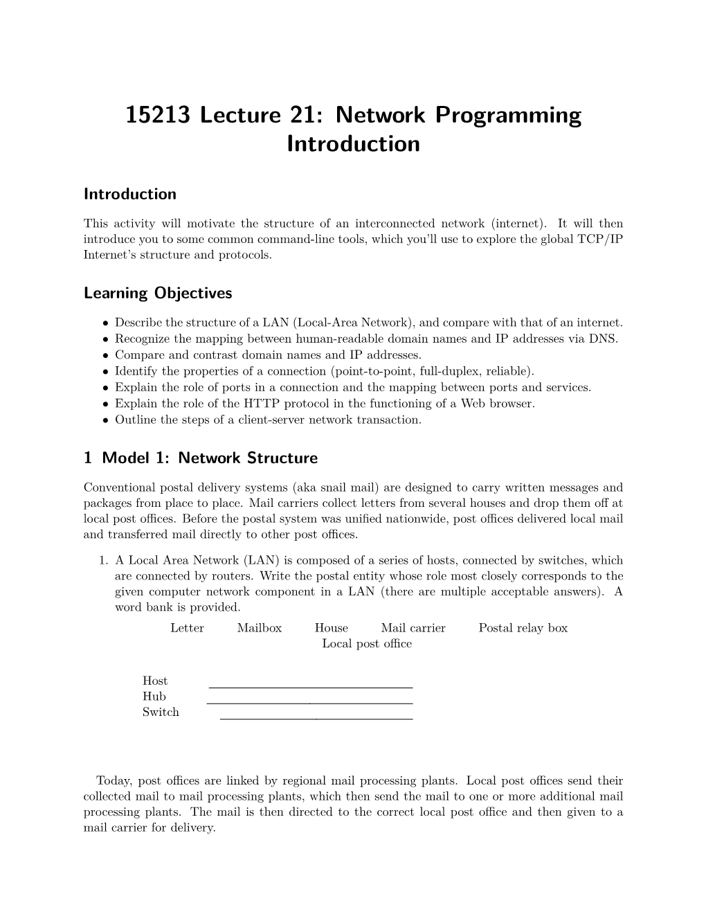 15213 Lecture 21: Network Programming Introduction