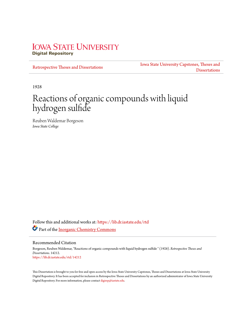 Reactions of Organic Compounds with Liquid Hydrogen Sulfide Reuben Waldemar Borgeson Iowa State College