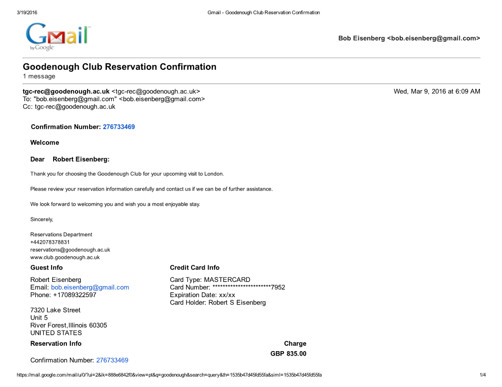 Goodenough Club Reservation Confirmation