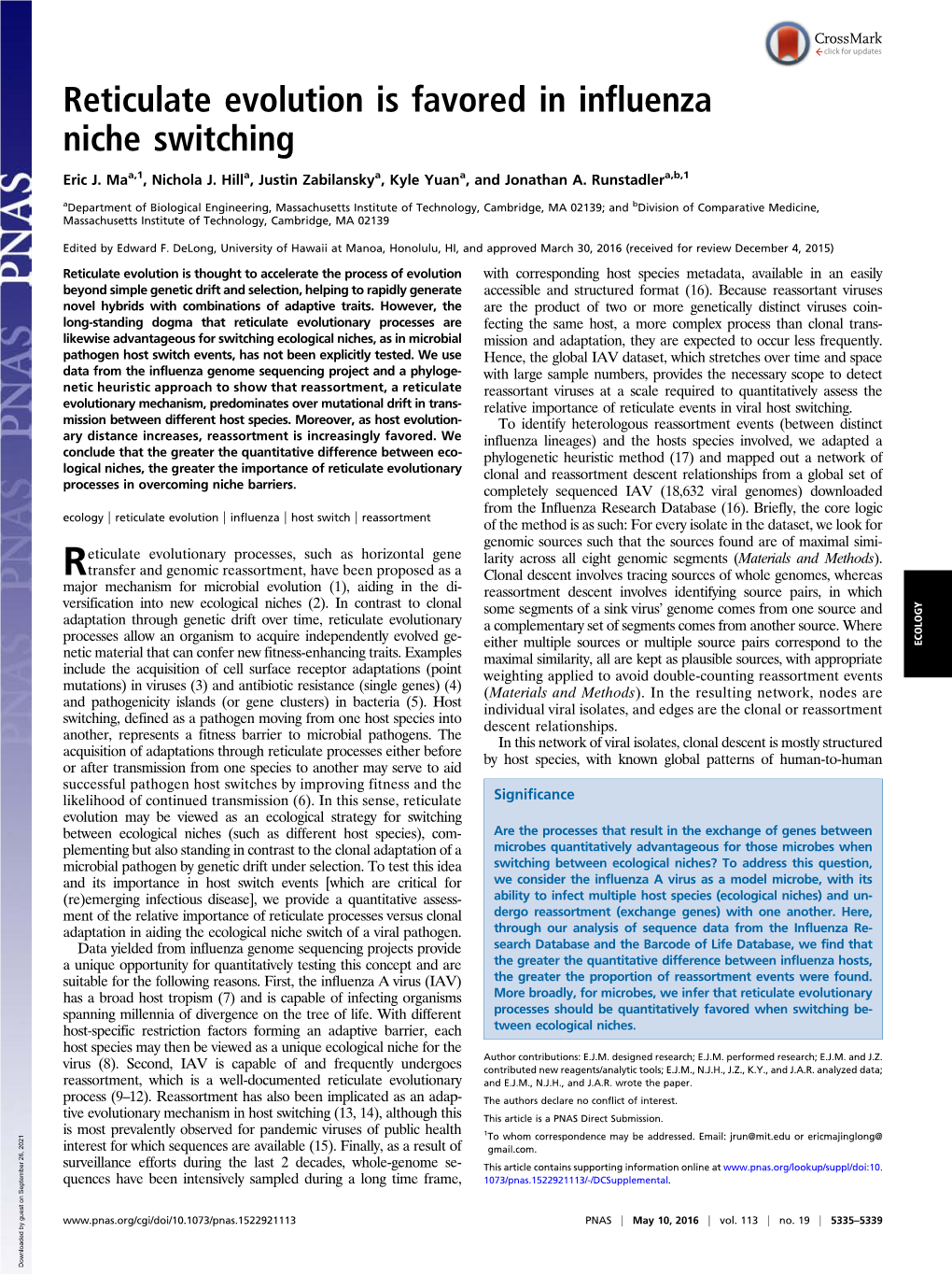 Reticulate Evolution Is Favored in Influenza Niche Switching