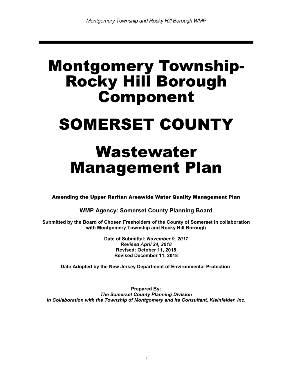 Montgomery Township- Rocky Hill Borough Component SOMERSET COUNTY Wastewater Management Plan