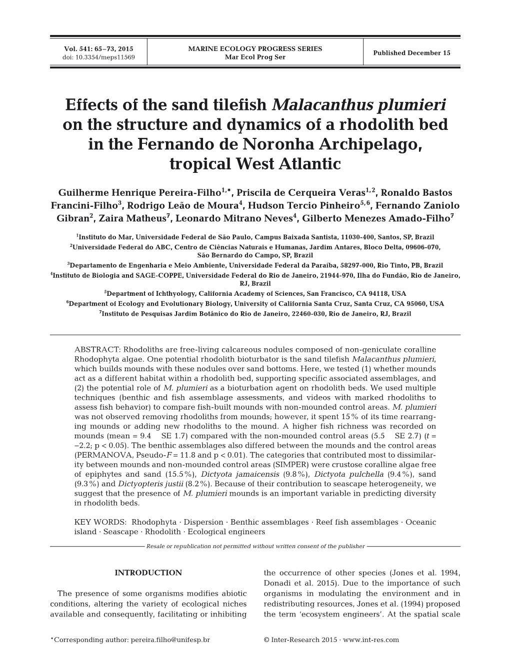 Effects of the Sand Tilefish Malacanthus Plumieri on the Structure and Dynamics of a Rhodolith Bed in the Fernando De Noronha Archipelago, Tropical West Atlantic