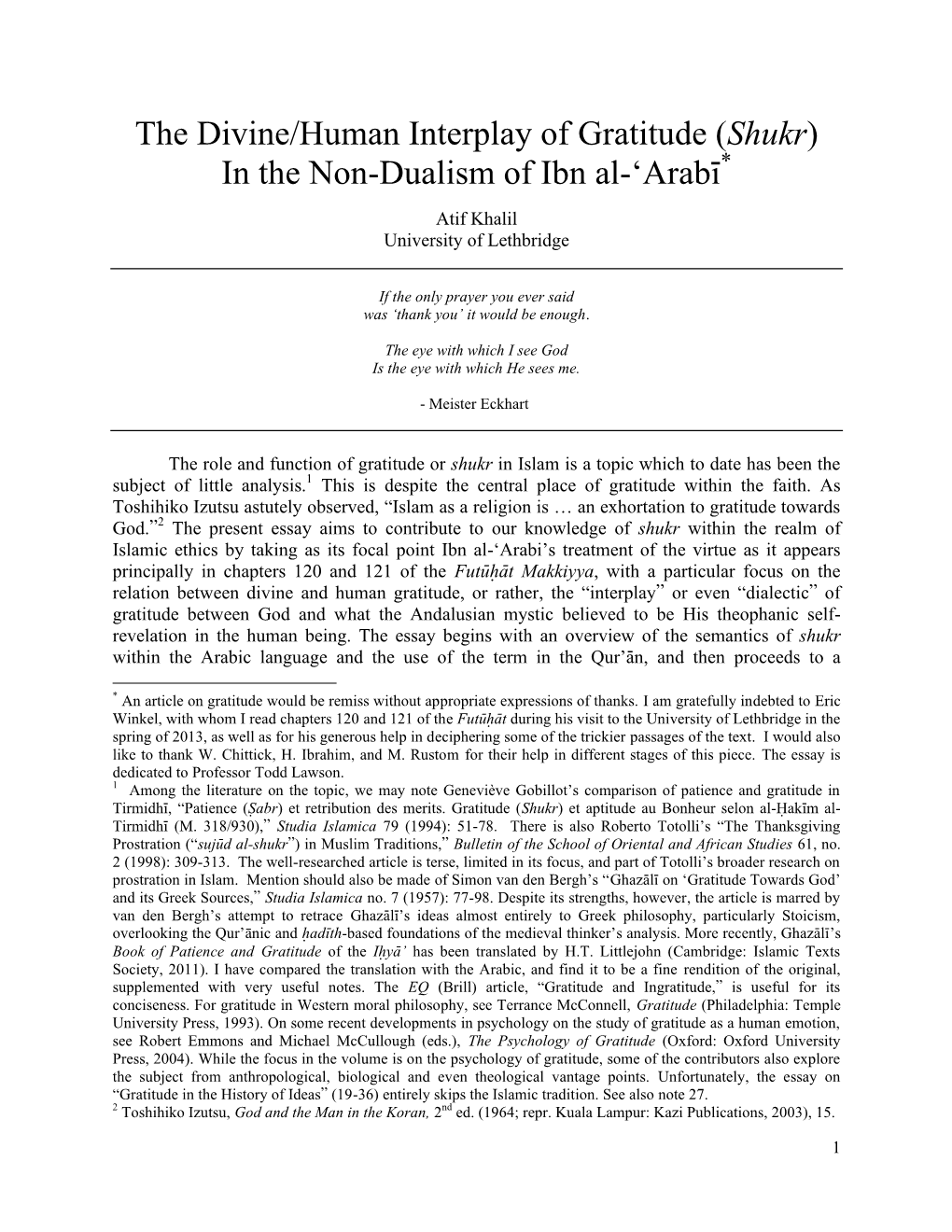 The Divine/Human Interplay of Gratitude (Shukr) in the Non-Dualism of Ibn Al-'Arabп