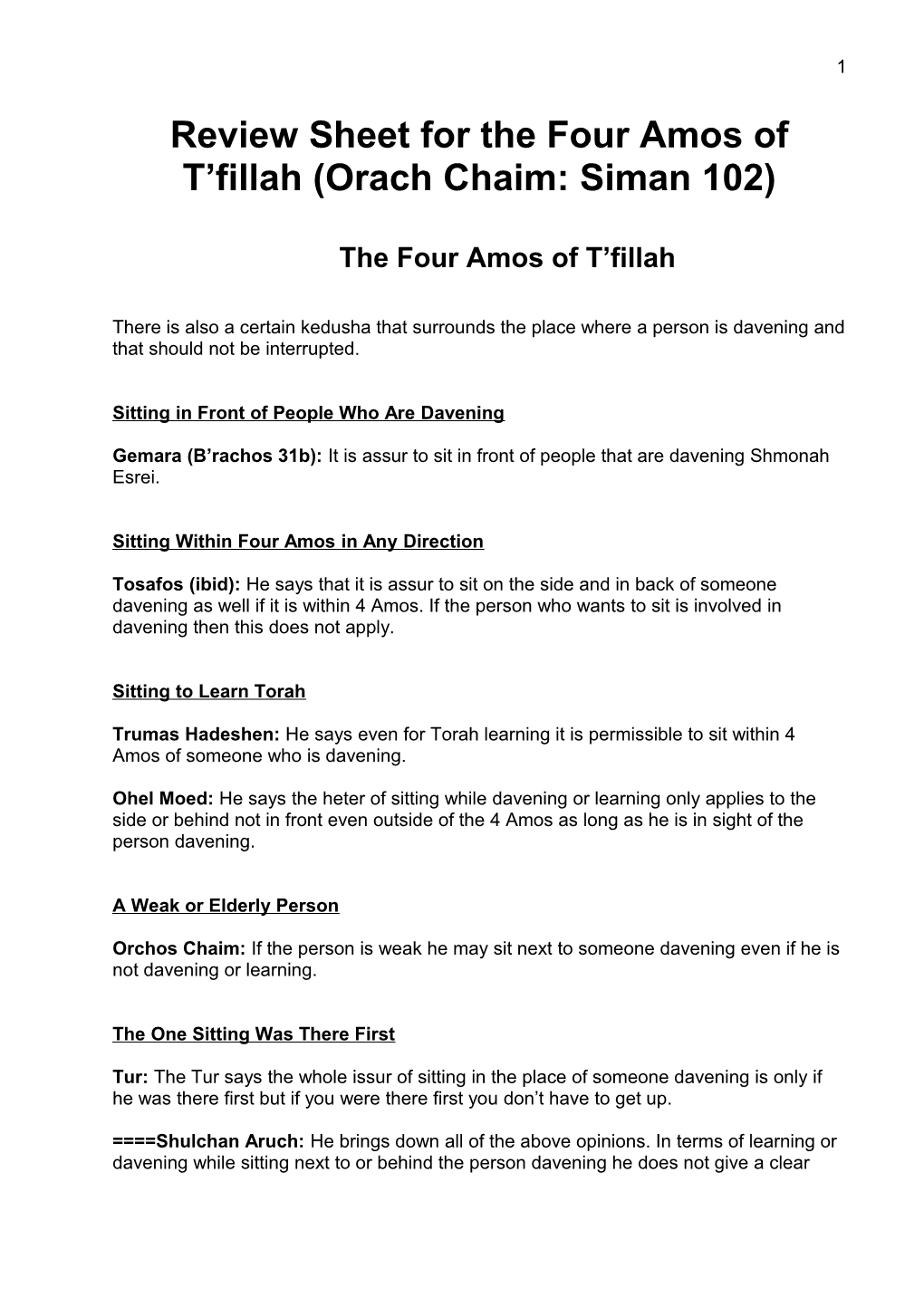 Review Sheet for the Four Amos of T Fillah (Orach Chaim: Siman 102)