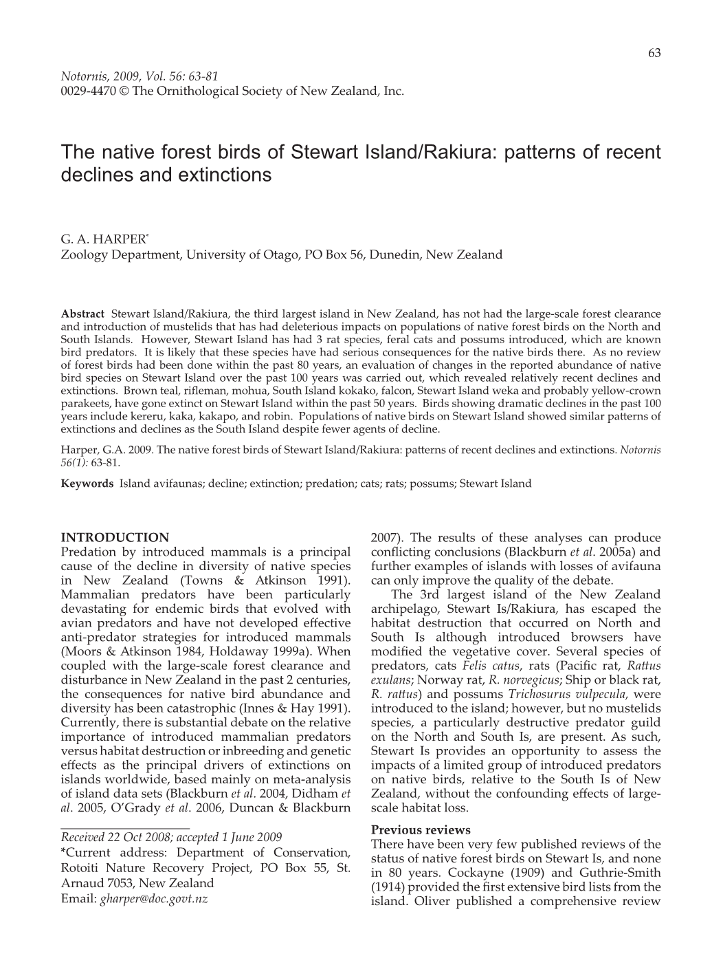 The Native Forest Birds of Stewart Island/Rakiura: Patterns of Recent Declines and Extinctions