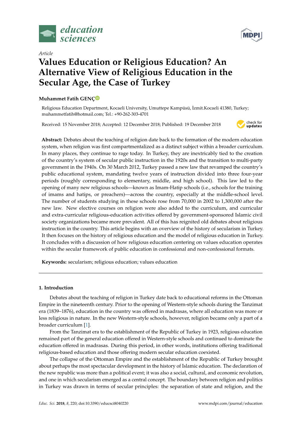 An Alternative View of Religious Education in the Secular Age, the Case of Turkey