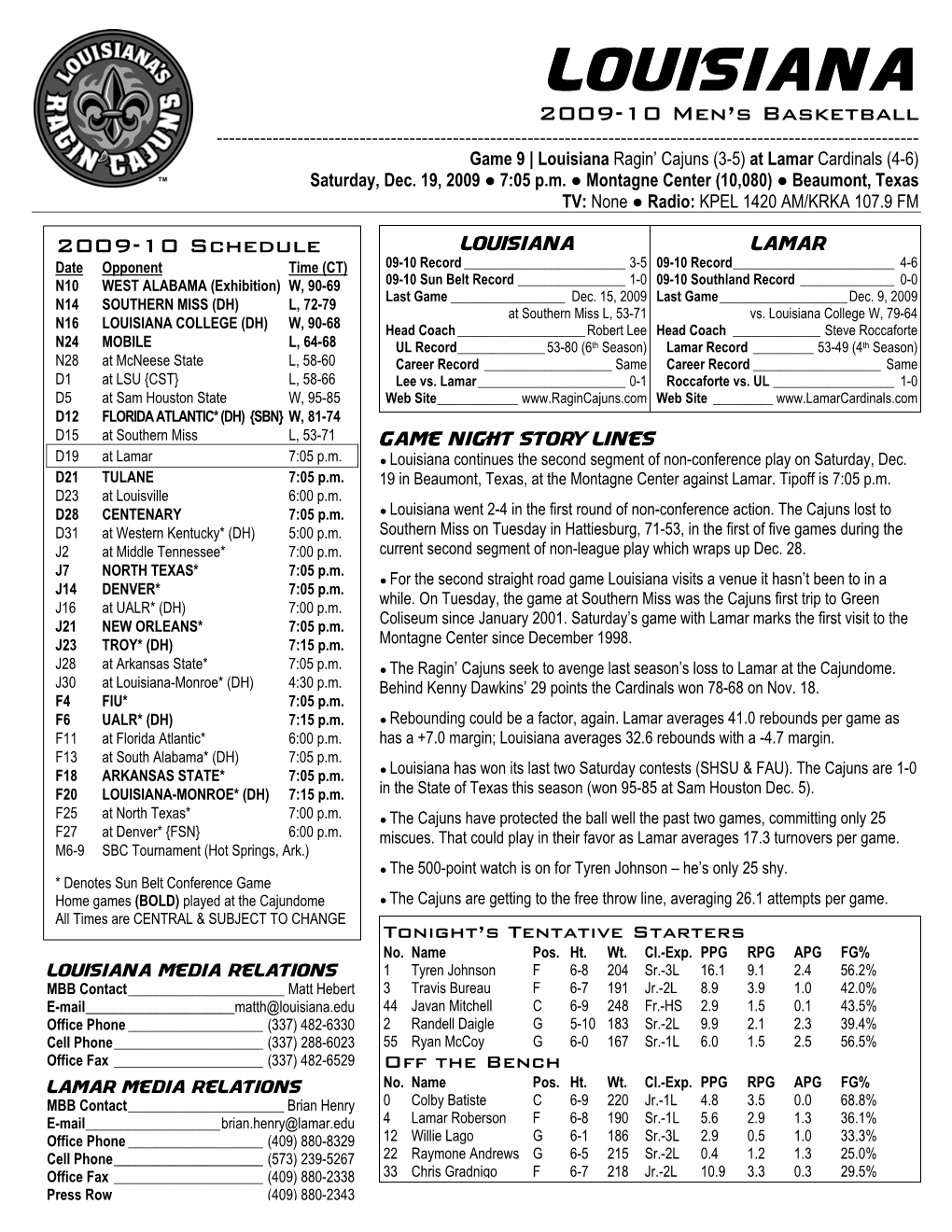 LOUISIANA 2009-10 Men’S Basketball ------Game 9 | Louisiana Ragin’ Cajuns (3-5) at Lamar Cardinals (4-6) Saturday, Dec