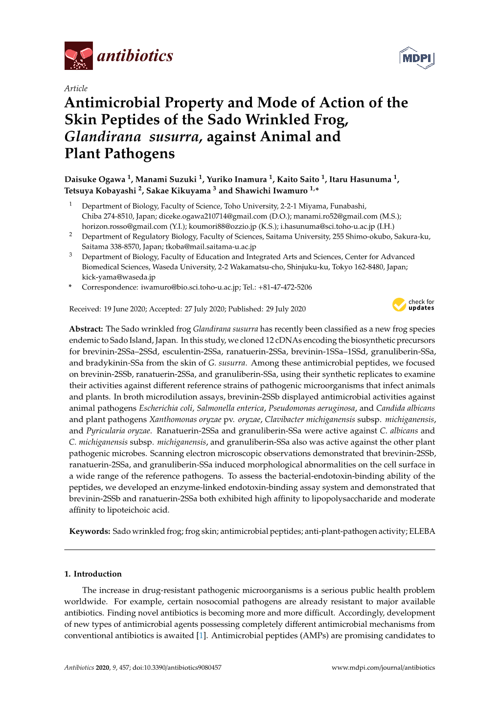 Antimicrobial Property and Mode of Action of the Skin Peptides of the Sado Wrinkled Frog, Glandirana Susurra, Against Animal and Plant Pathogens