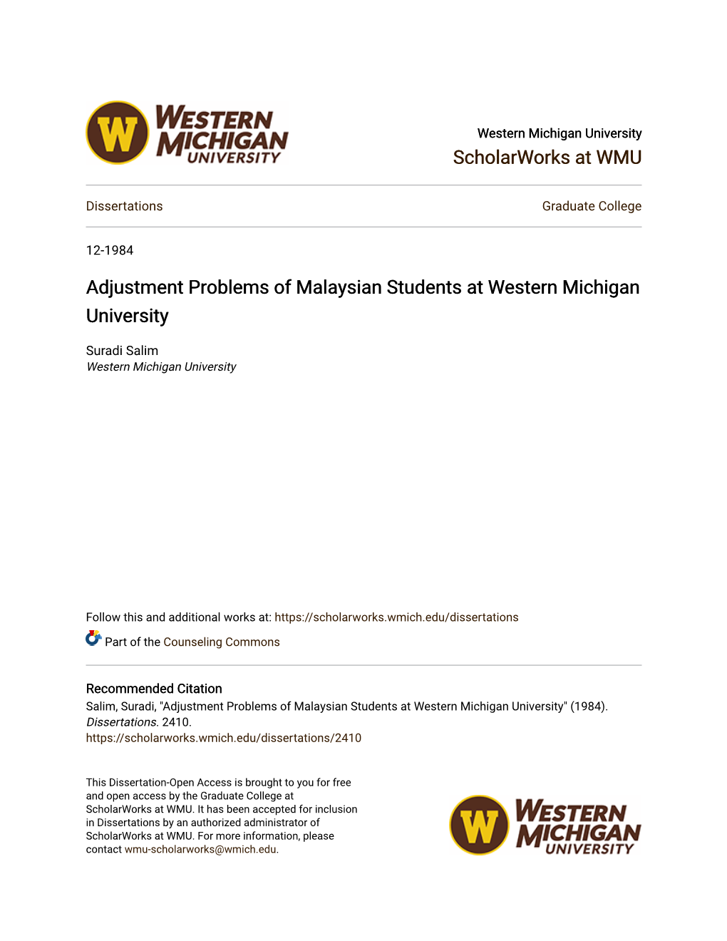 Adjustment Problems of Malaysian Students at Western Michigan University