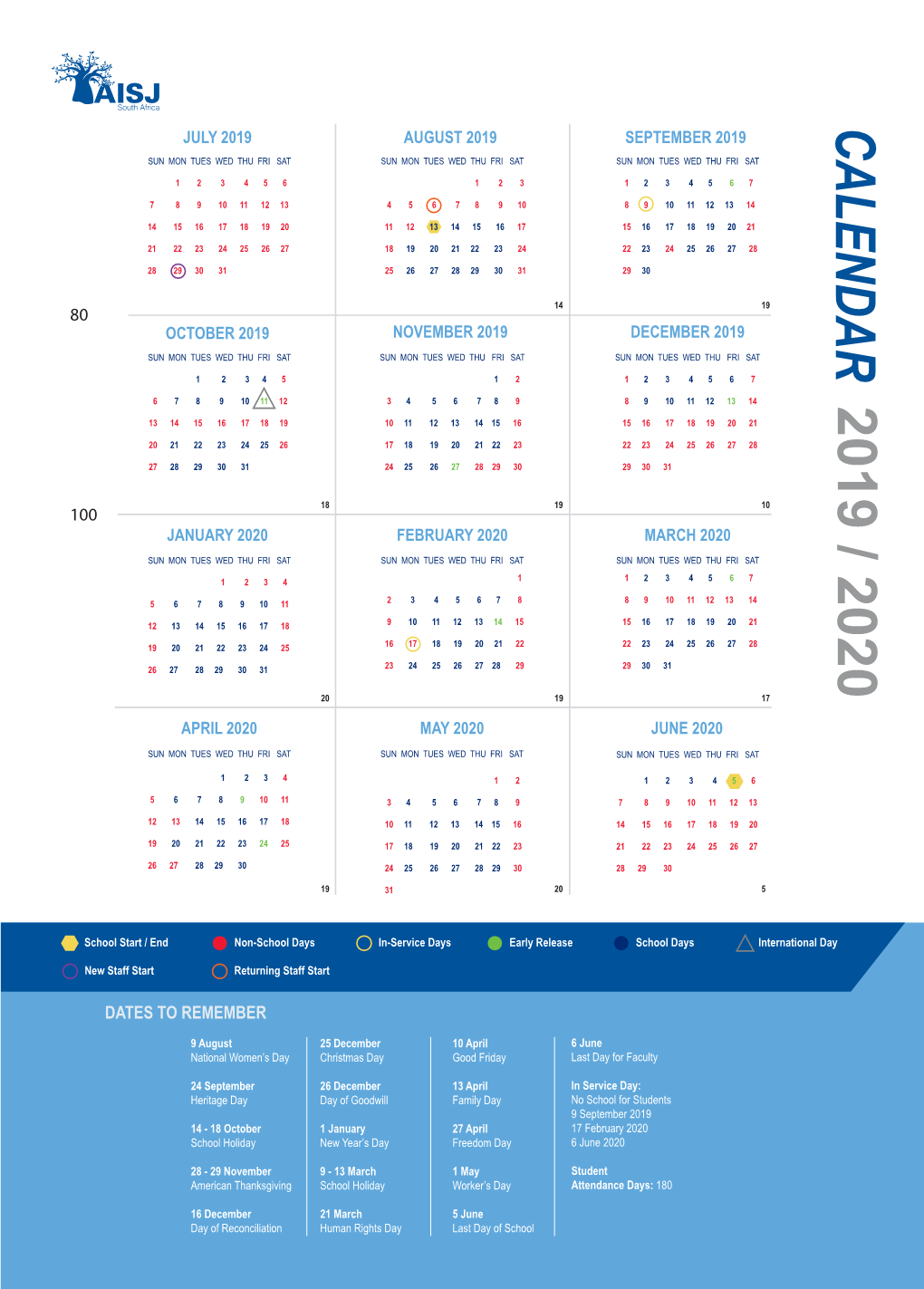2019-2020 One Page Calendar Spacing