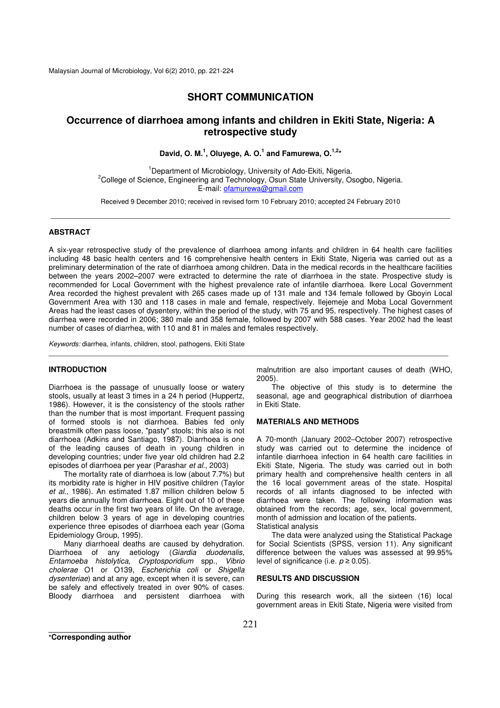 221 SHORT COMMUNICATION Occurrence of Diarrhoea Among Infants and Children in Ekiti State, Nigeria: a Retrospective Study