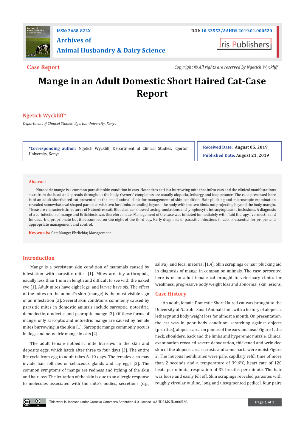 Mange in an Adult Domestic Short Haired Cat-Case Report