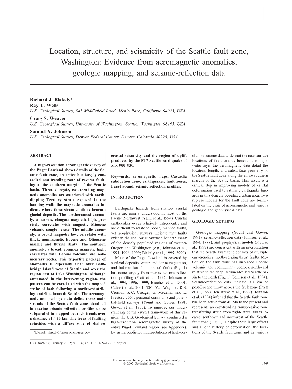 Location, Structure, and Seismicity of the Seattle Fault Zone, Washington: Evidence from Aeromagnetic Anomalies, Geologic Mapping, and Seismic-Reﬂection Data