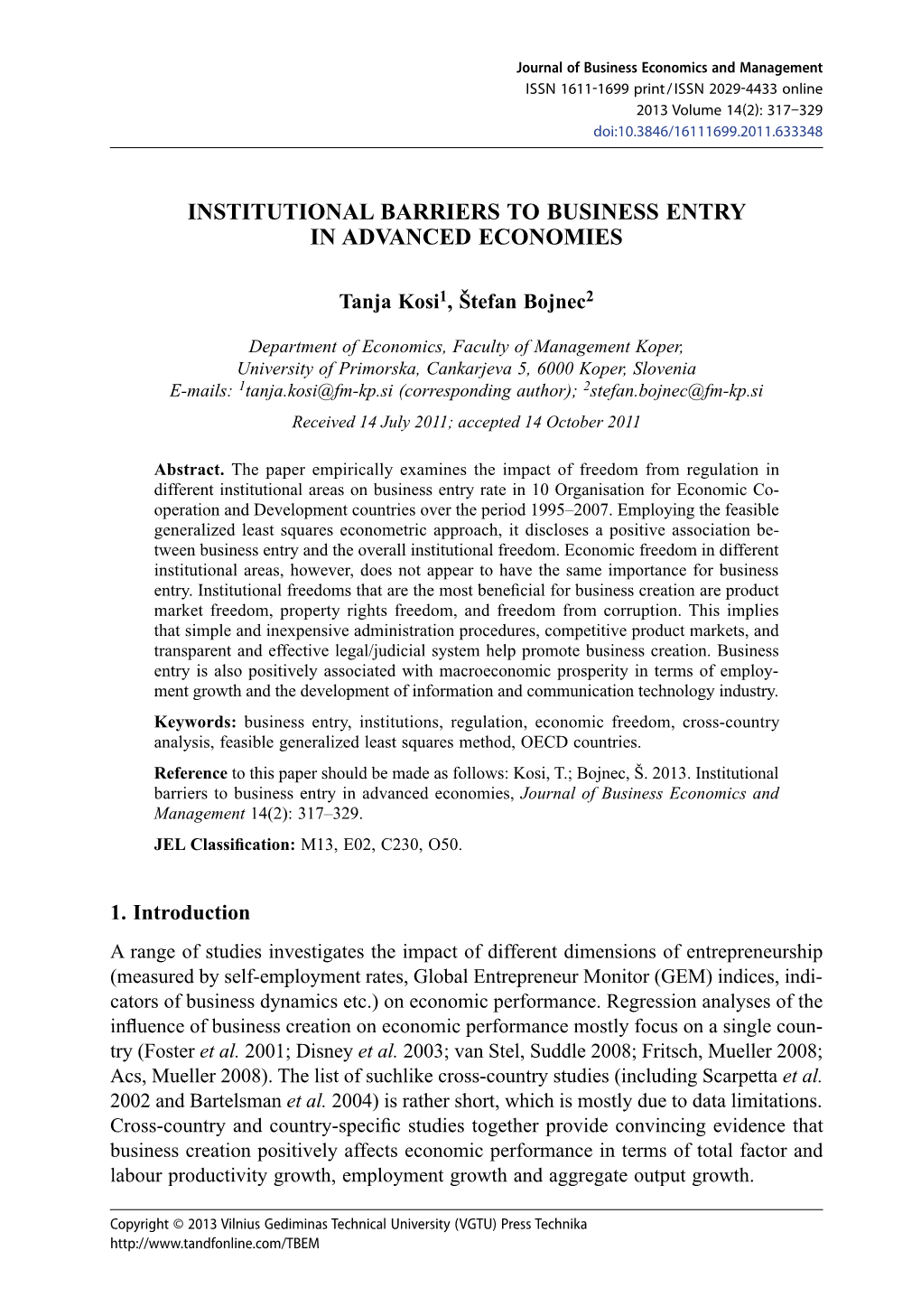 Institutional Barriers to Business Entry in Advanced Economies