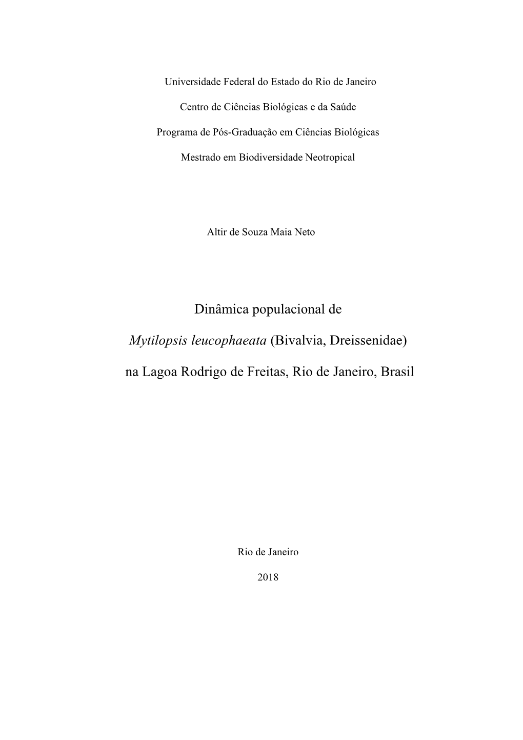 Dinâmica Populacional De Mytilopsis Leucophaeata (Bivalvia, Dreissenidae) Na Lagoa Rodrigo De Freitas, Rio De Janeiro, Brasil