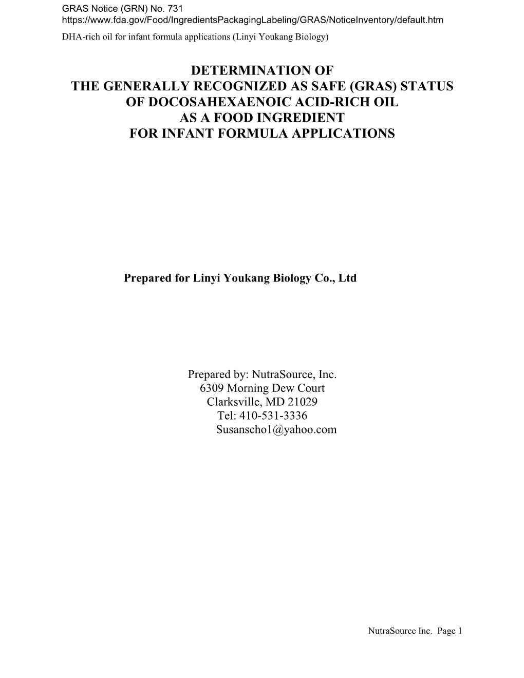 GRAS Notice 731 for Docosahexaenoic Acid Oil