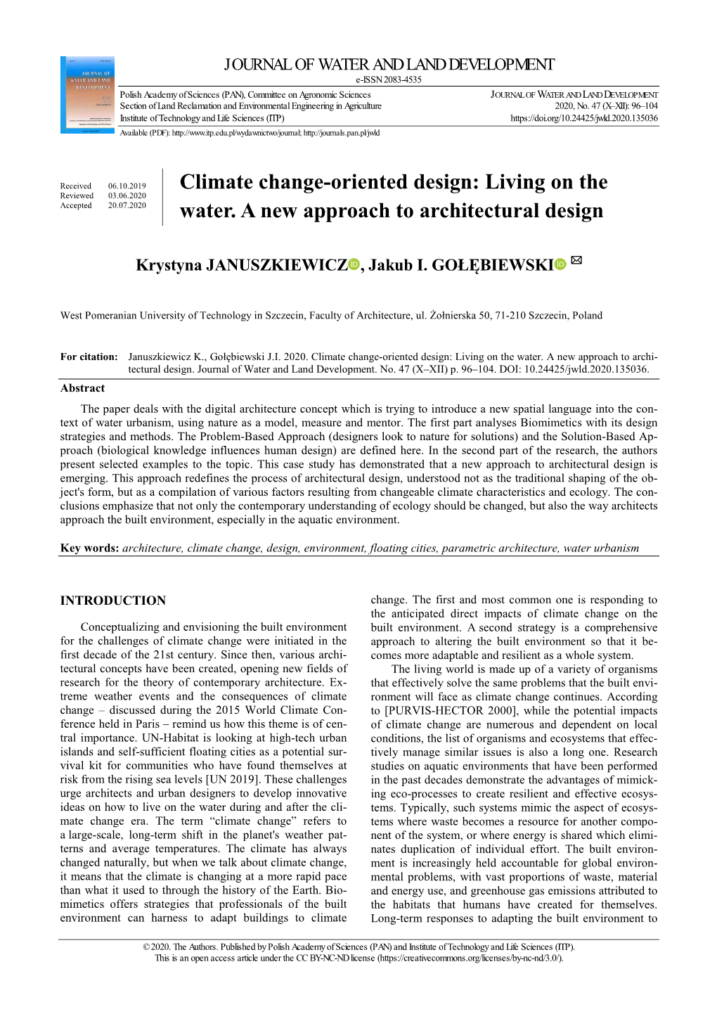 Living on the Water. a New Approach to Architectural Design 97 the Impacts of Climate Change Are Urgently Needed [ROAF Table 1