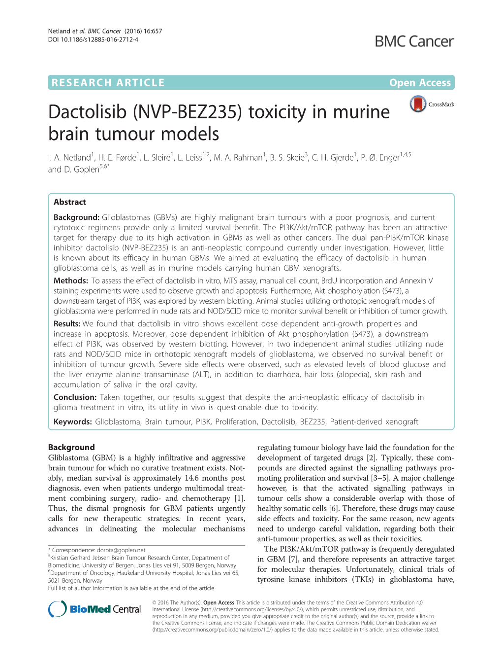 Dactolisib (NVP-BEZ235) Toxicity in Murine Brain Tumour Models I