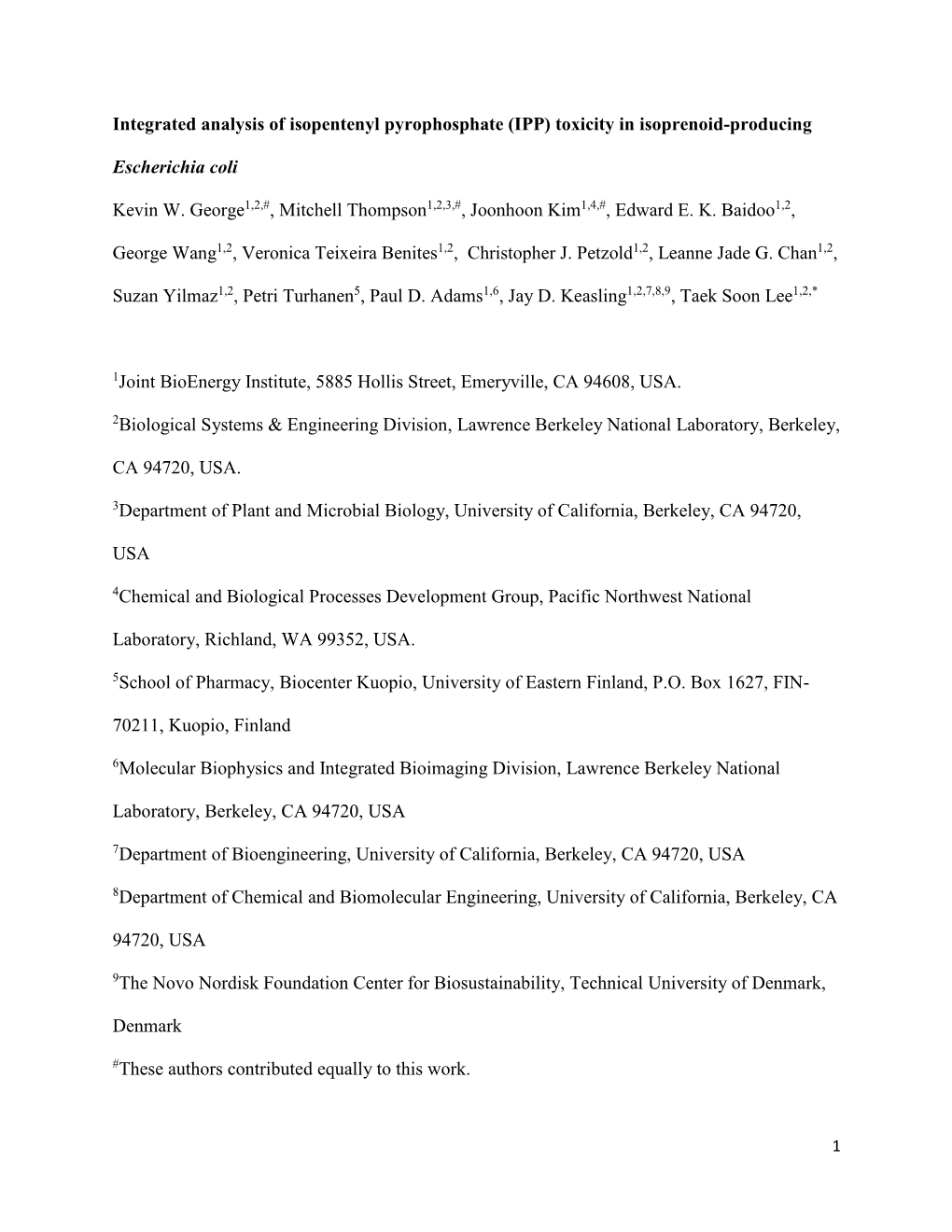 Toxicity in Isoprenoid-Producing Escherichia Coli Kevin W. George1,2,#, M