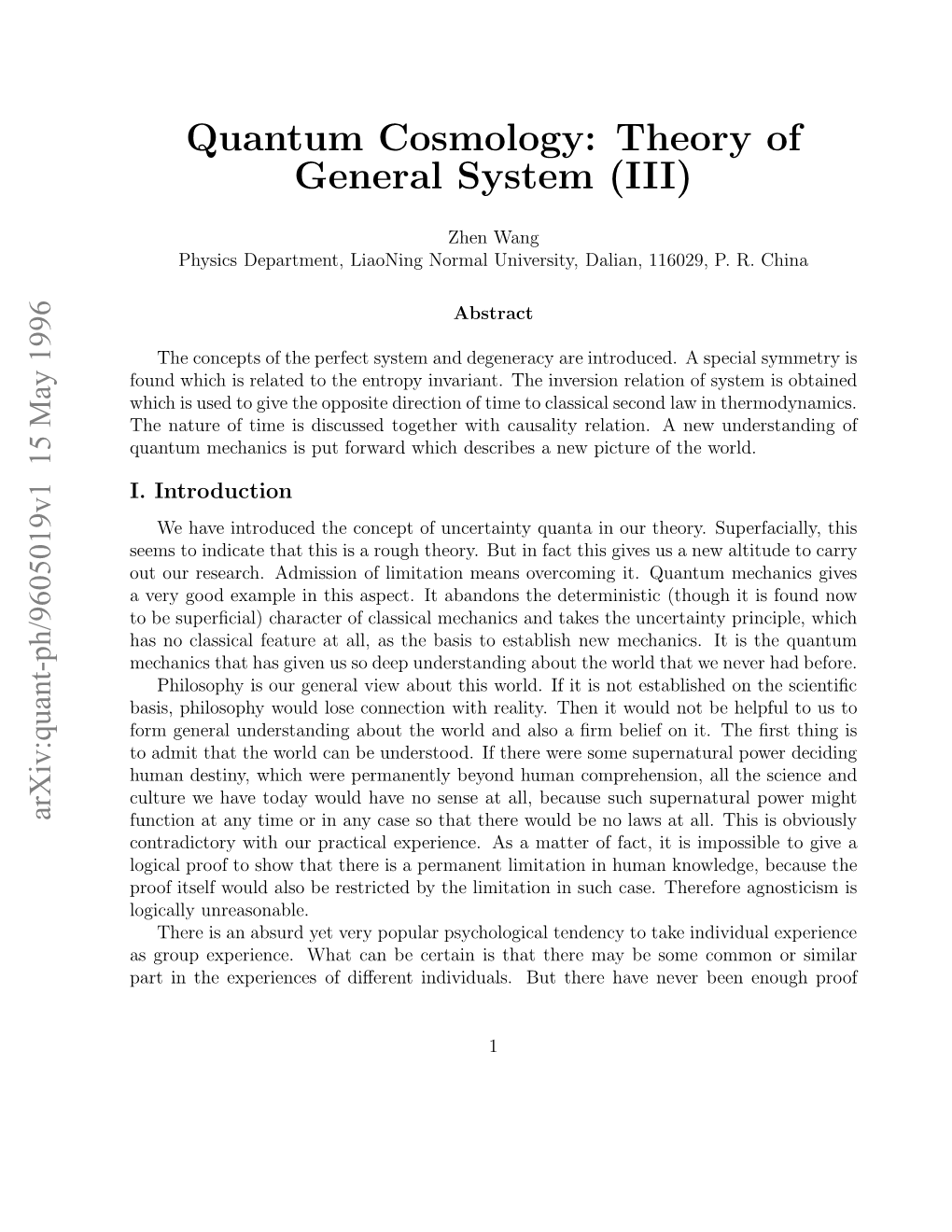 Quantum Cosmology: Theory of General System (III)