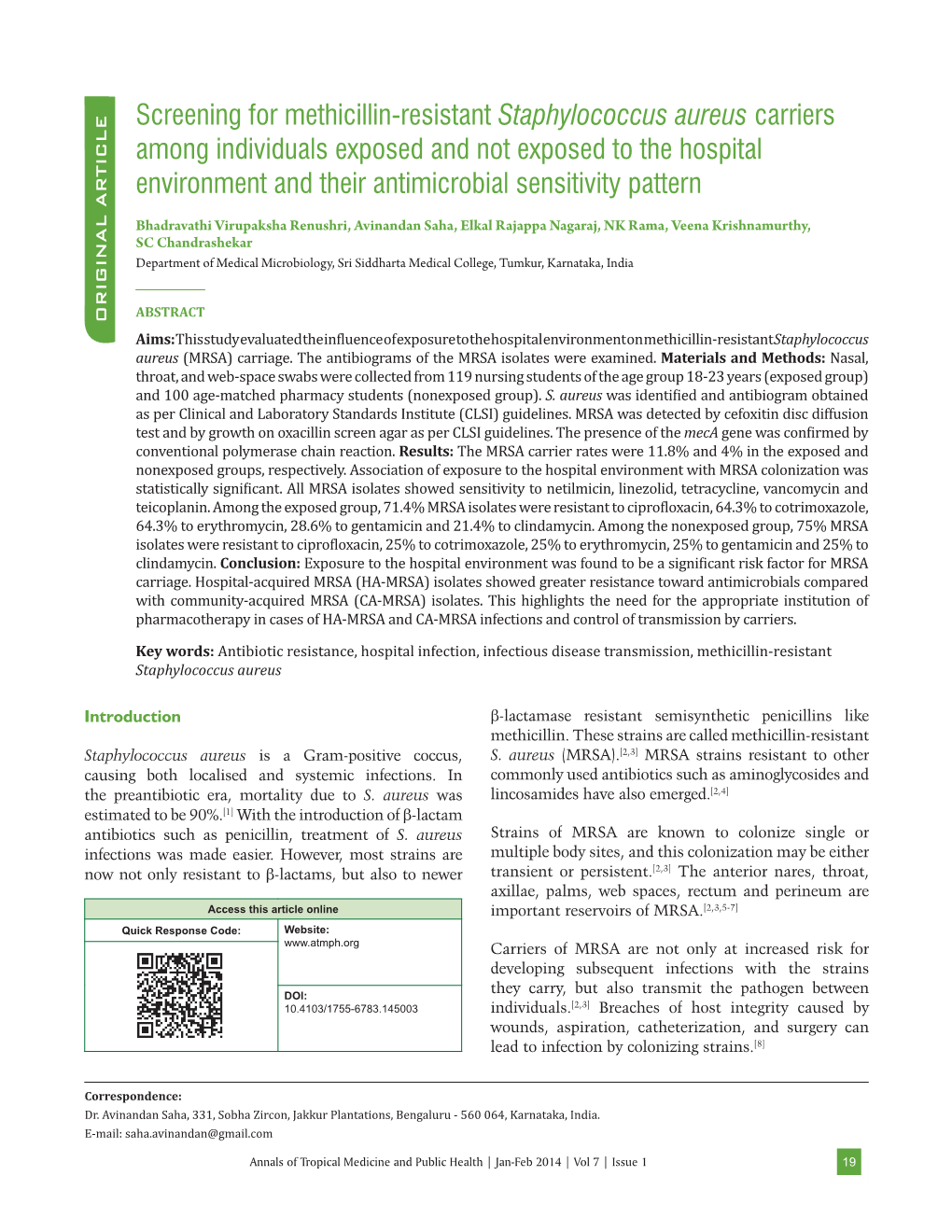 Staphylococcus Aureus Carriers Among Individuals Exposed and Not Exposed to the Hospital Environment and Their Antimicrobial Sensitivity Pattern