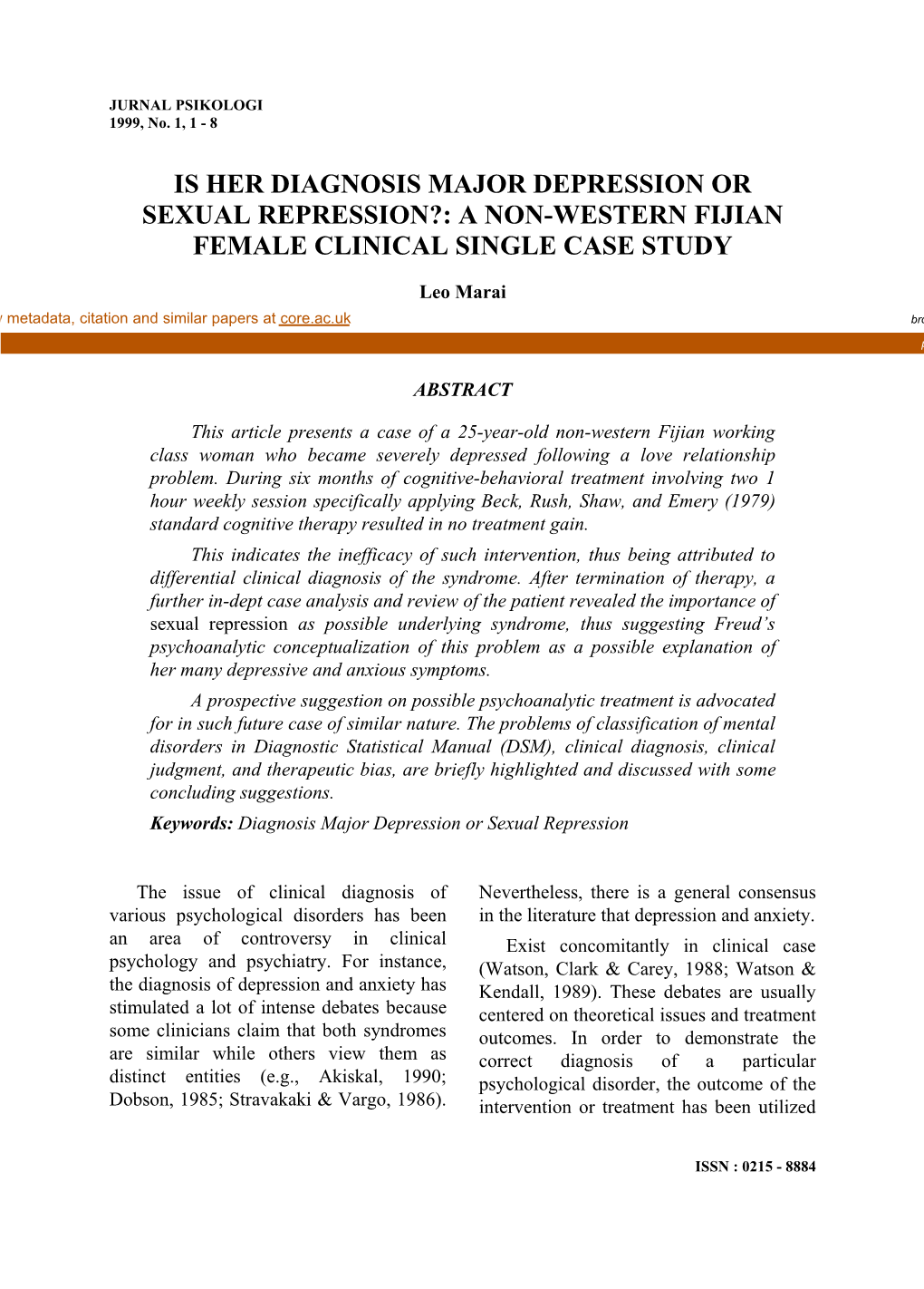 Is Her Diagnosis Major Depression Or Sexual Repression?: a Non-Western Fijian Female Clinical Single Case Study