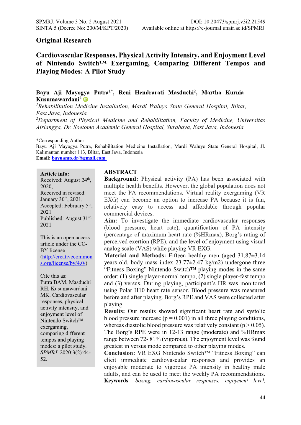 Original Research Cardiovascular Responses, Physical Activity