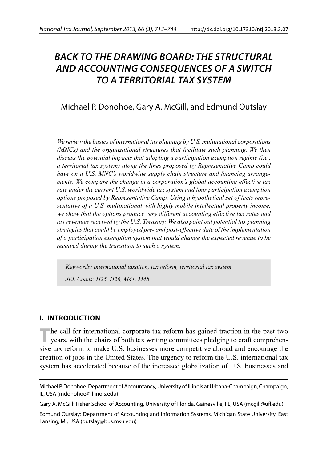 The Drawing Board: the Structural and Accounting Consequences of a Switch to a Territorial Tax System