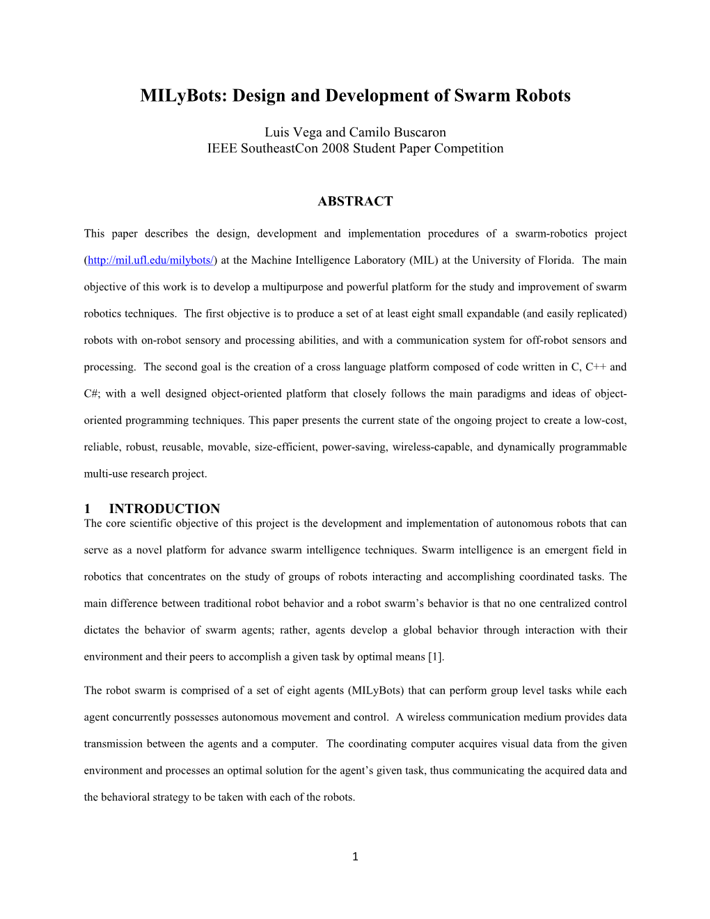 Milybots: Design and Development of Swarm Robots