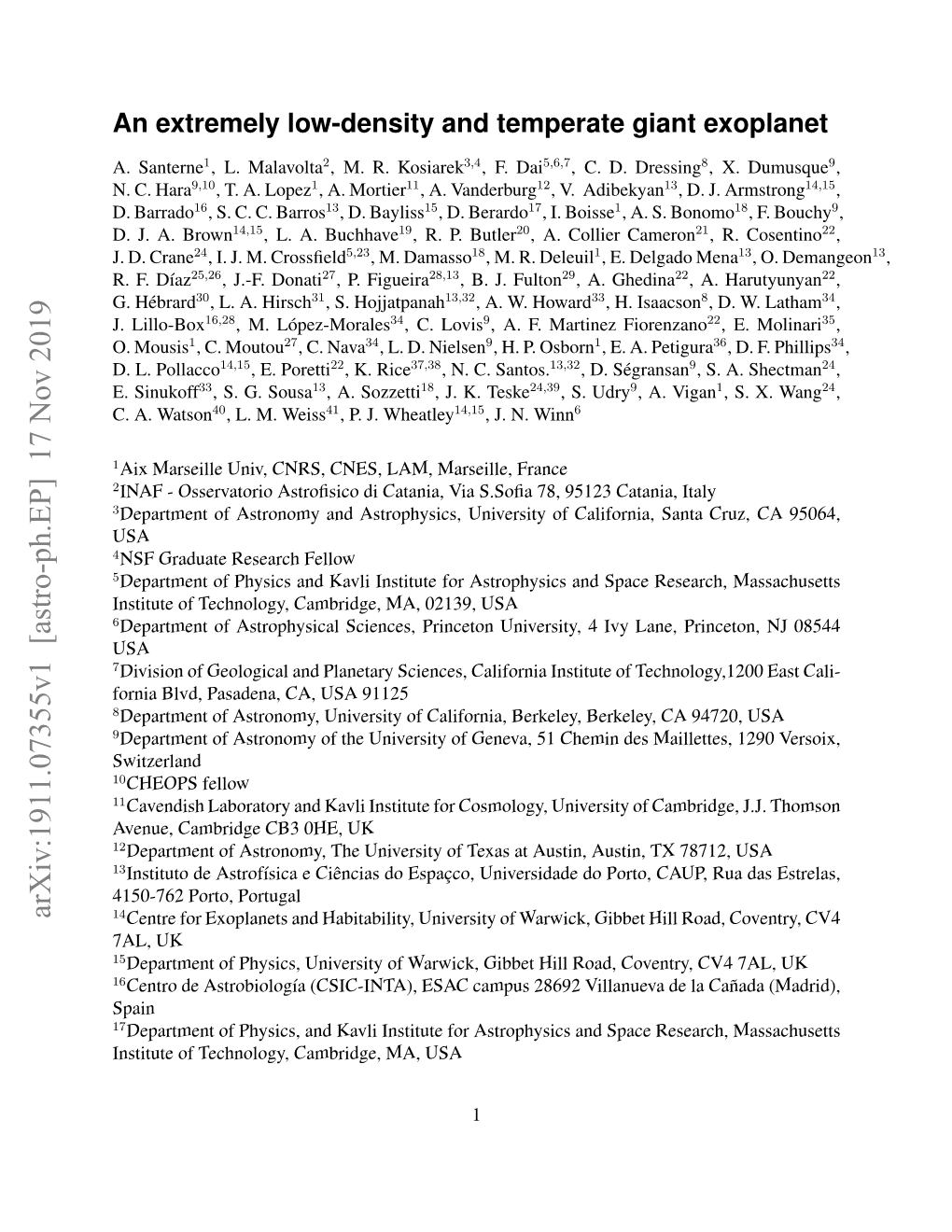 An Extremely Low-Density and Temperate Giant Exoplanet