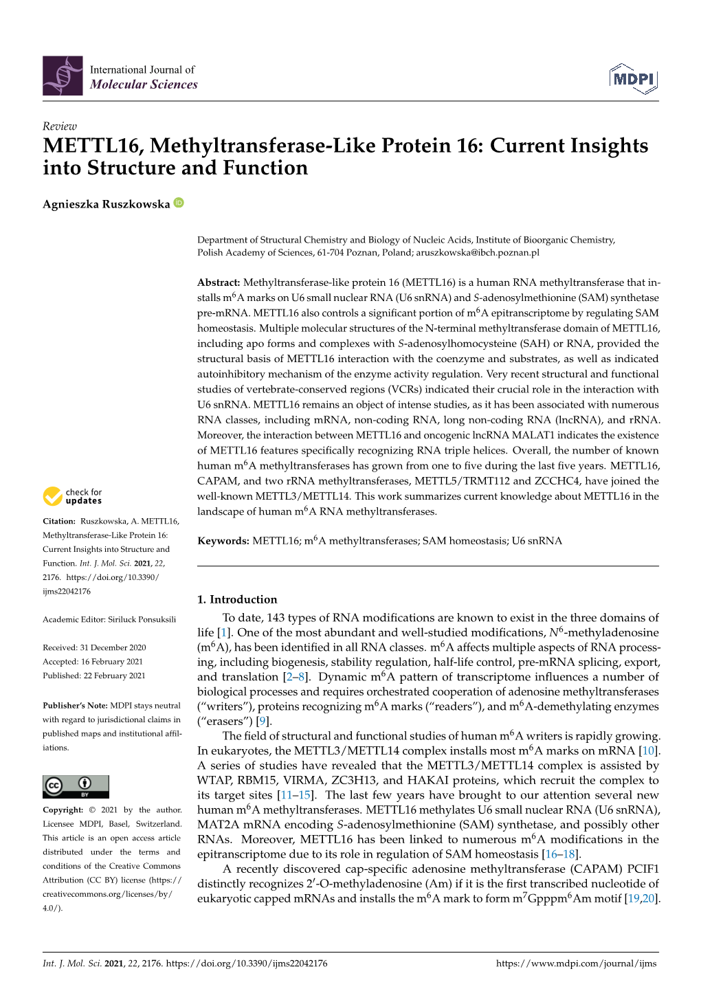 METTL16, Methyltransferase-Like Protein 16: Current Insights Into Structure and Function