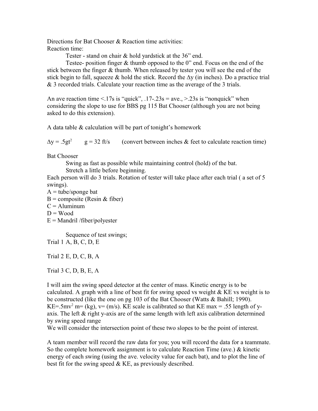 Directions for Bat Chooser & Reaction Time Activities