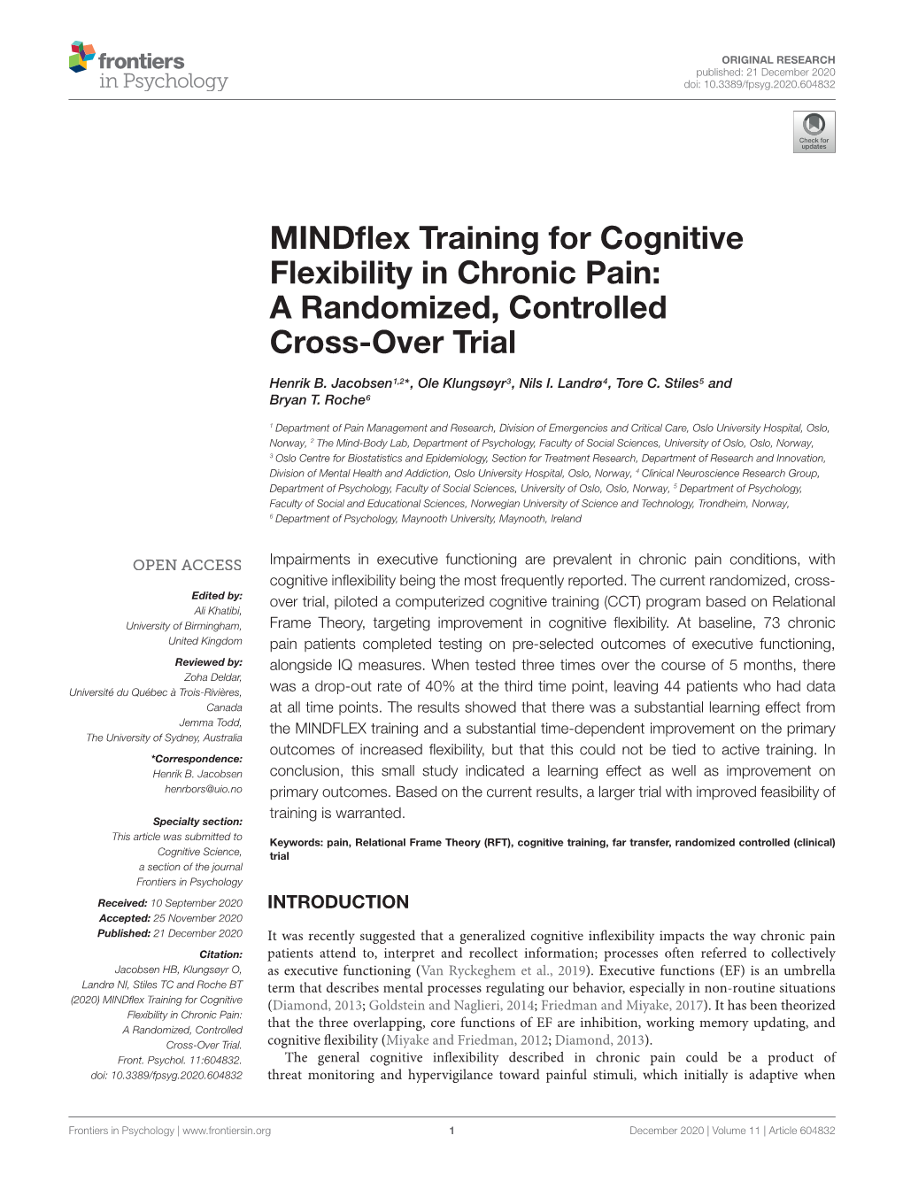 Mindflex Training for Cognitive Flexibility in Chronic Pain