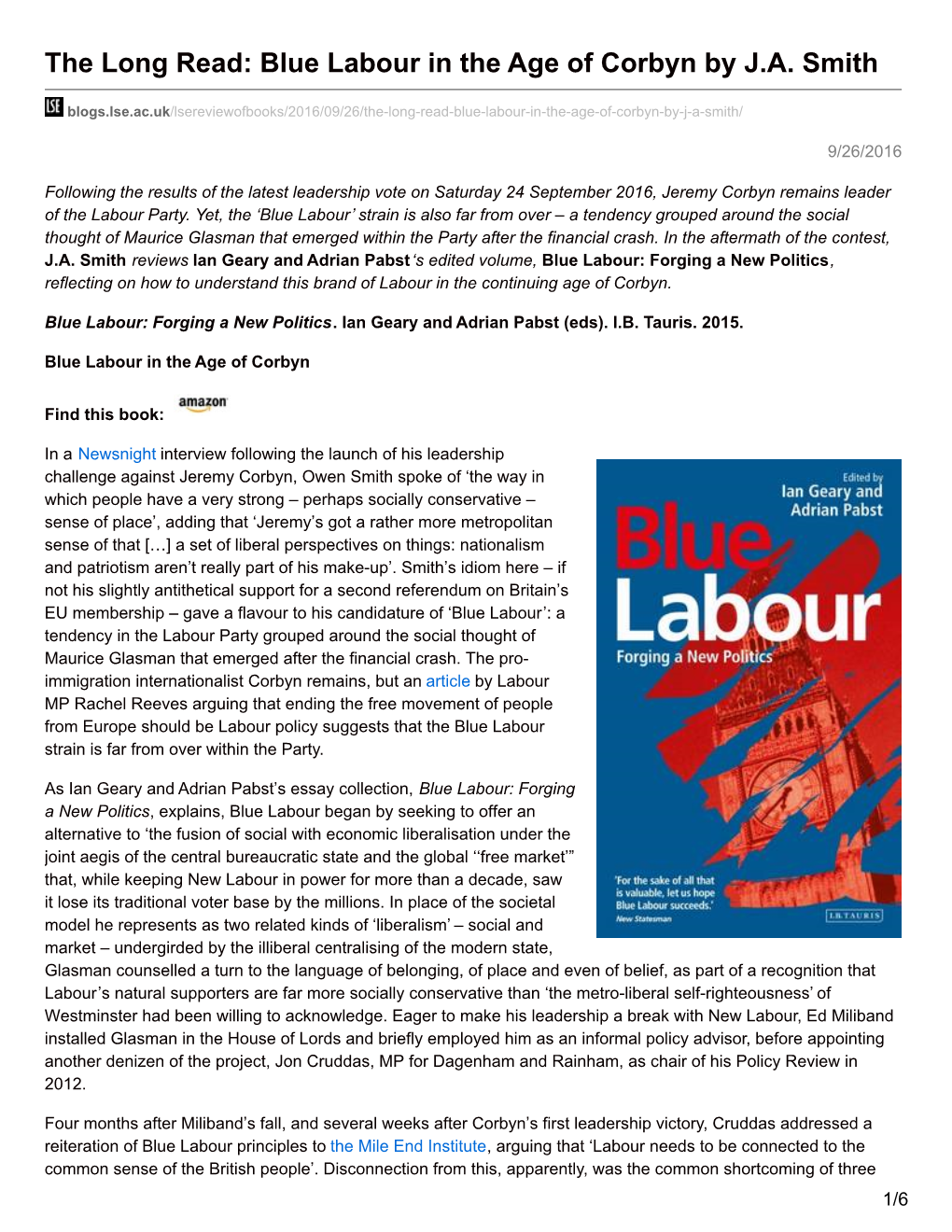 Blue Labour in the Age of Corbyn by JA Smith