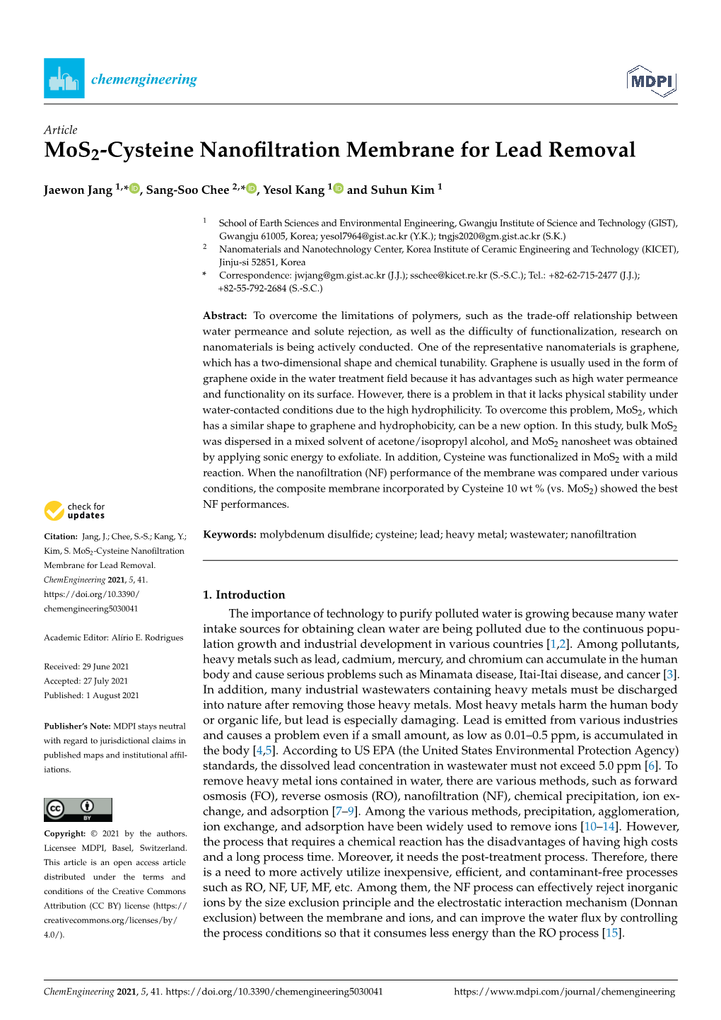 Mos2-Cysteine Nanofiltration Membrane for Lead Removal