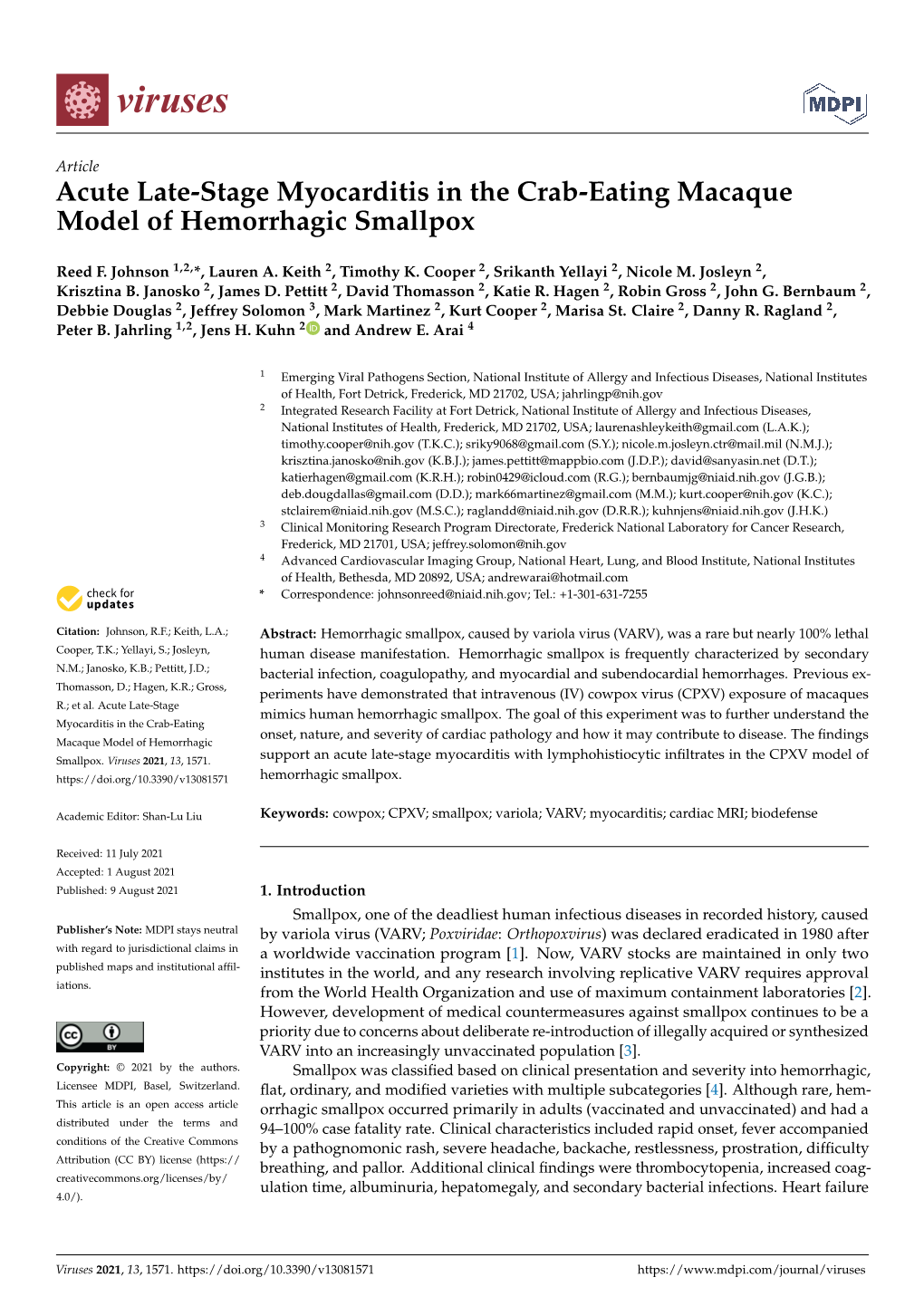 Acute Late-Stage Myocarditis in the Crab-Eating Macaque Model of Hemorrhagic Smallpox