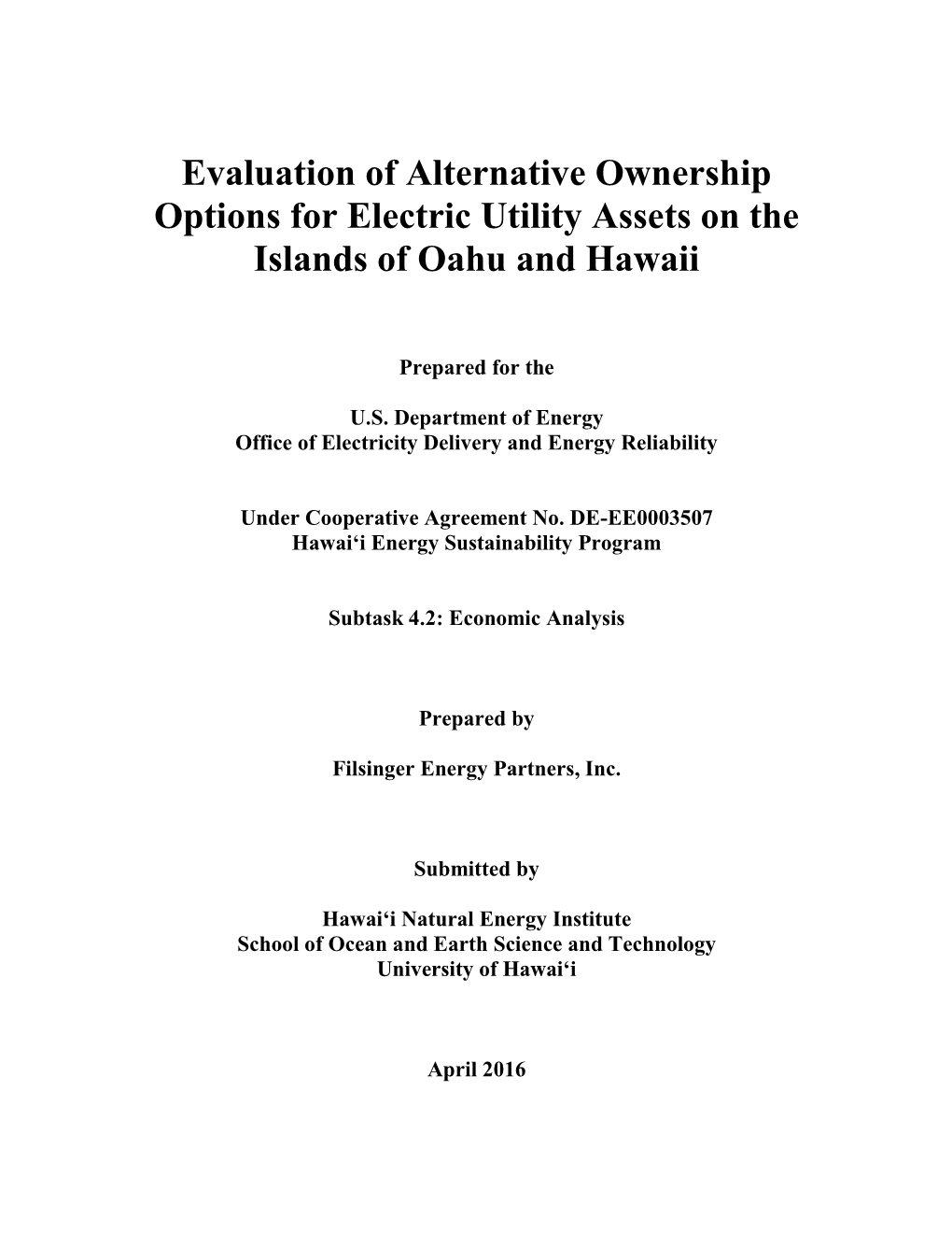 Evaluation of Alternative Ownership Options for Electric Utility Assets on the Islands of Oahu and Hawaii