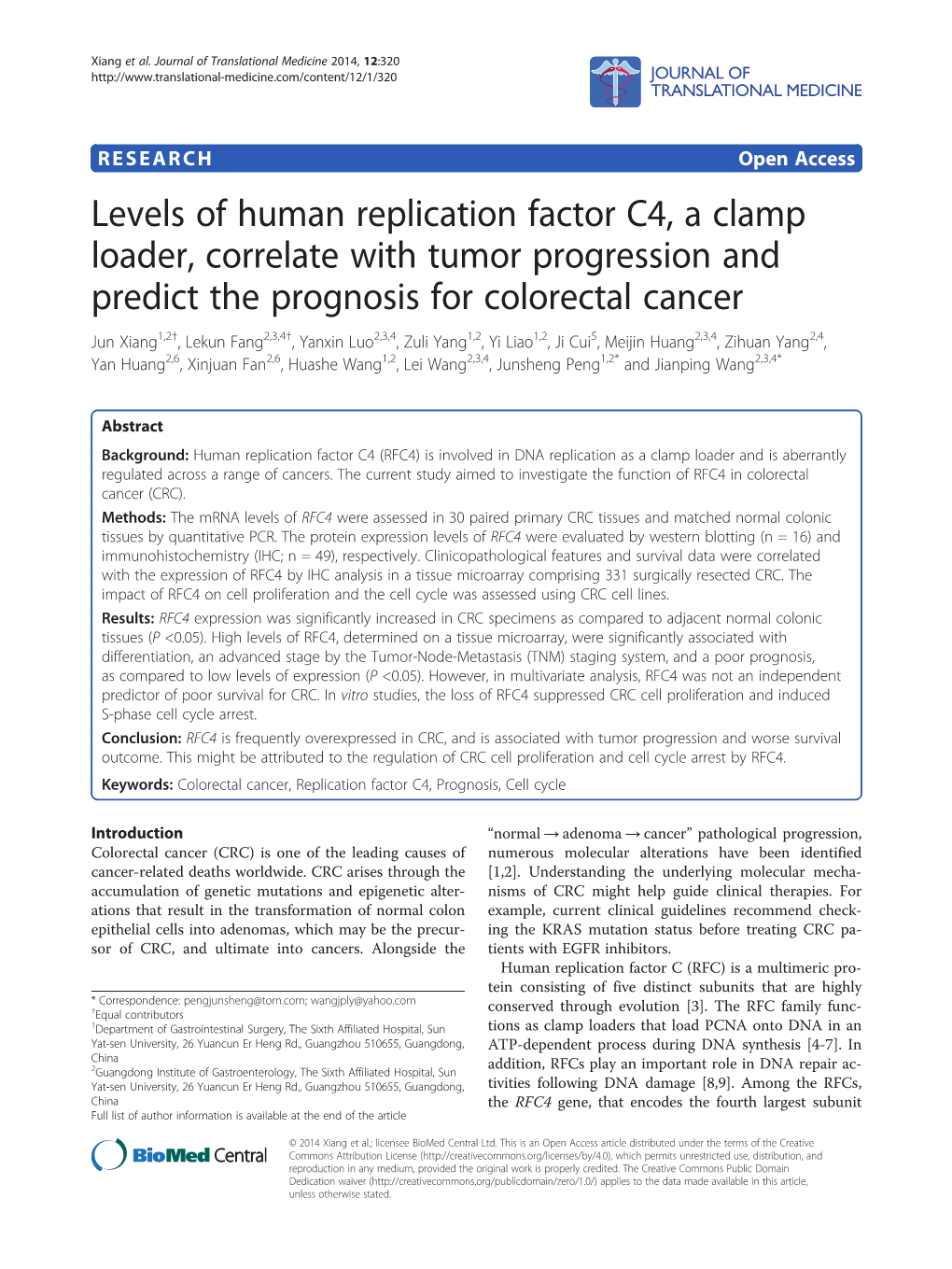 Levels of Human Replication Factor C4, a Clamp Loader, Correlate with Tumor
