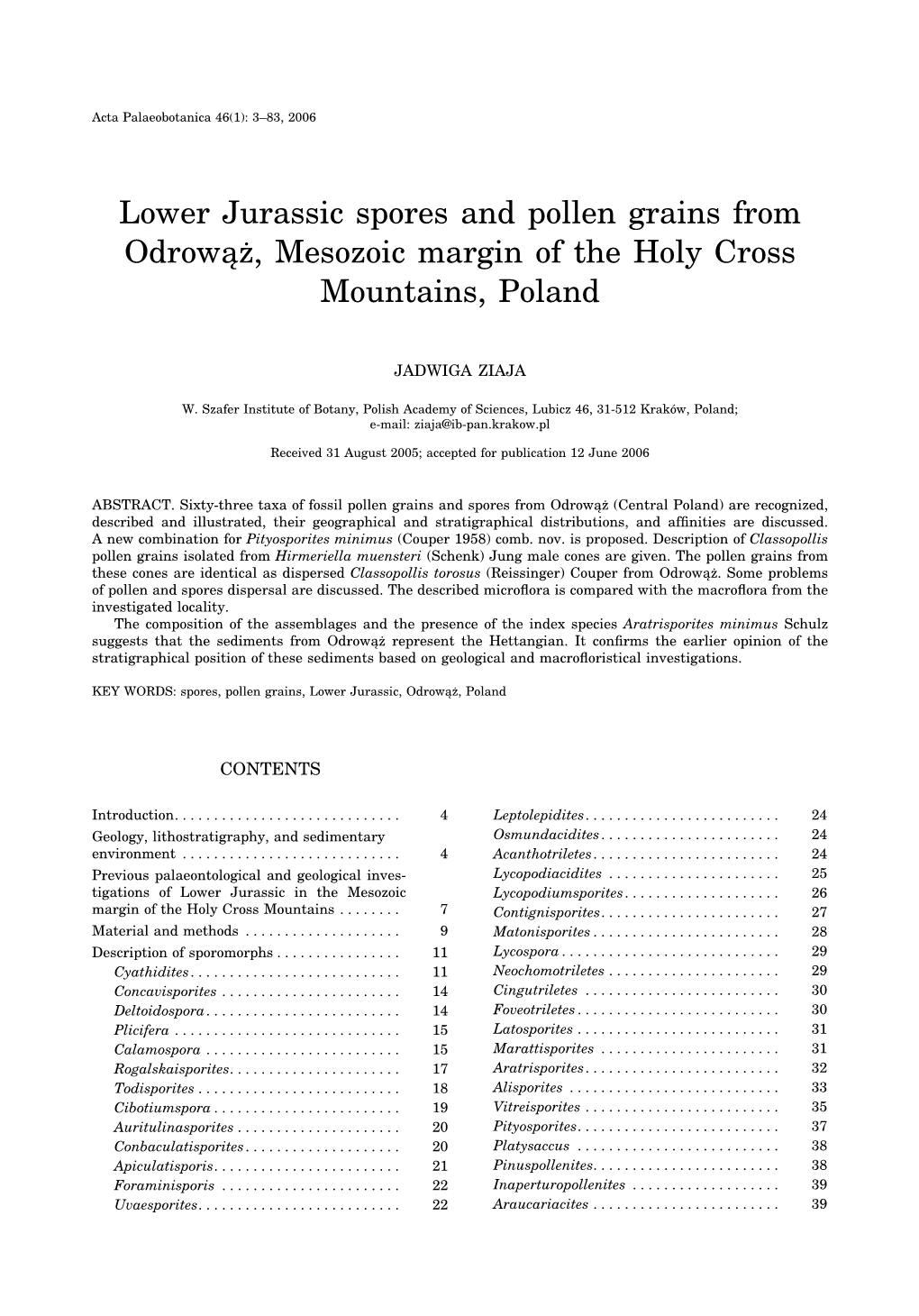 Lower Jurassic Spores and Pollen Grains from Odrowąż, Mesozoic Margin of the Holy Cross Mountains, Poland