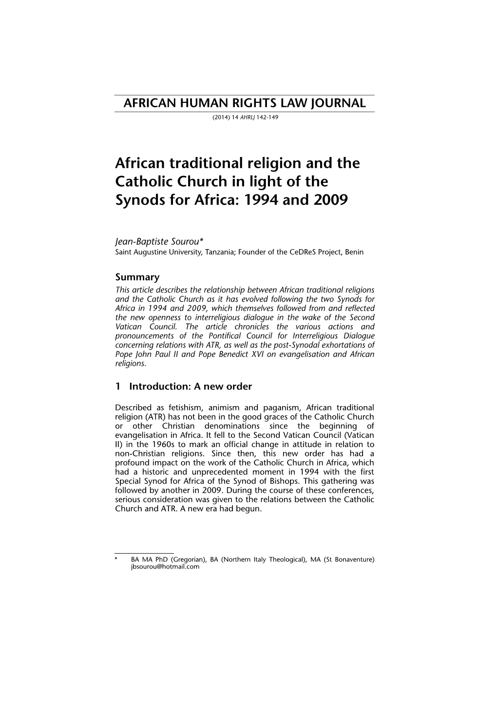 African Traditional Religion and the Catholic Church in Light of the Synods for Africa: 1994 and 2009