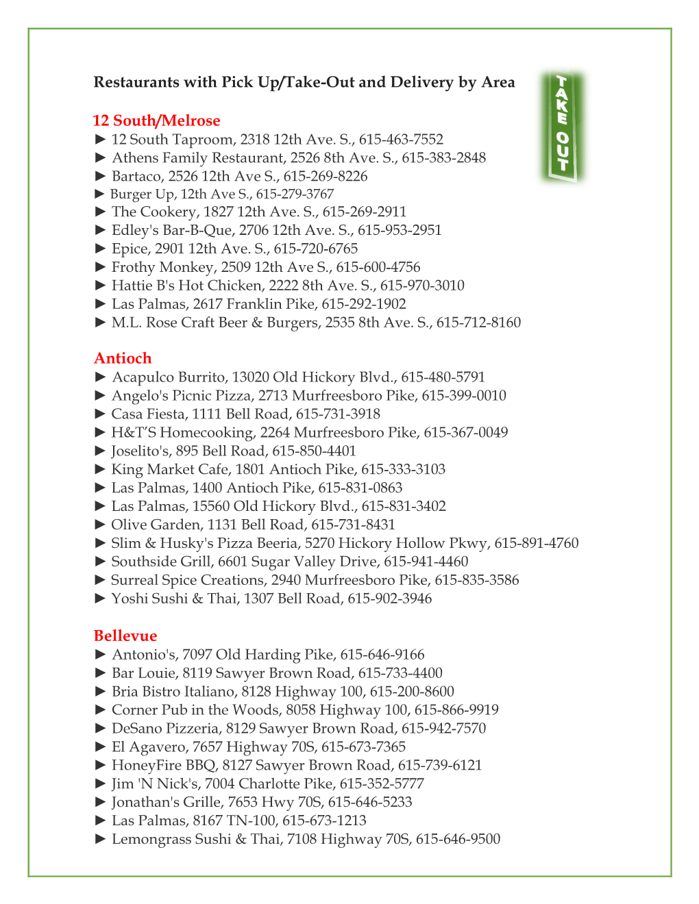 Restaurants with Pick Up/Take-Out and Delivery by Area 12 South