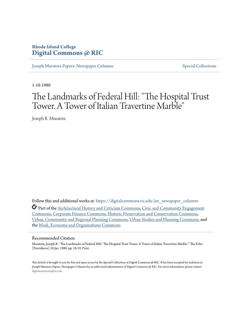 The Landmarks of Federal Hill: "The Hospital Trust Tower. a Tower Of