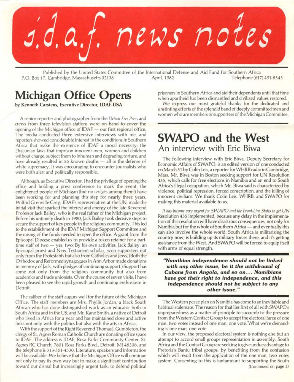 Michigan Office Opens SWAPO and the West