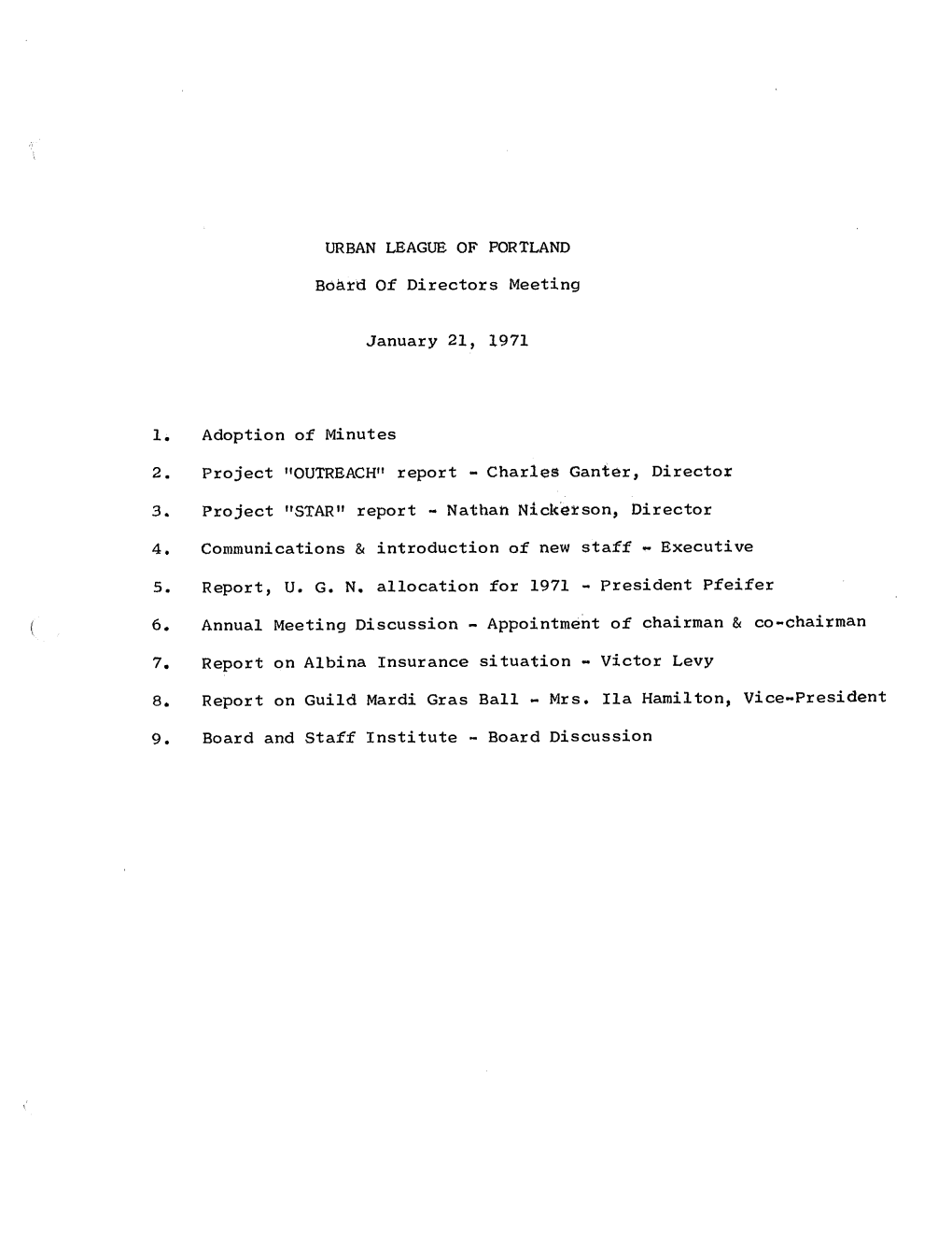 URBAN LEAGUE of PORTLAND Board of Directors Meeting January 21, 1971