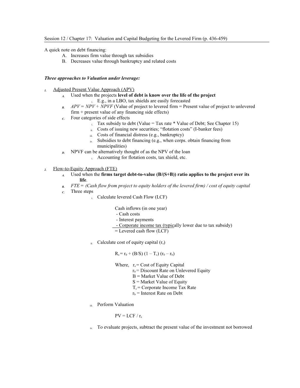 Session 12 / Chapter 17: Valuation and Capital Budgeting for the Levered Firm (P